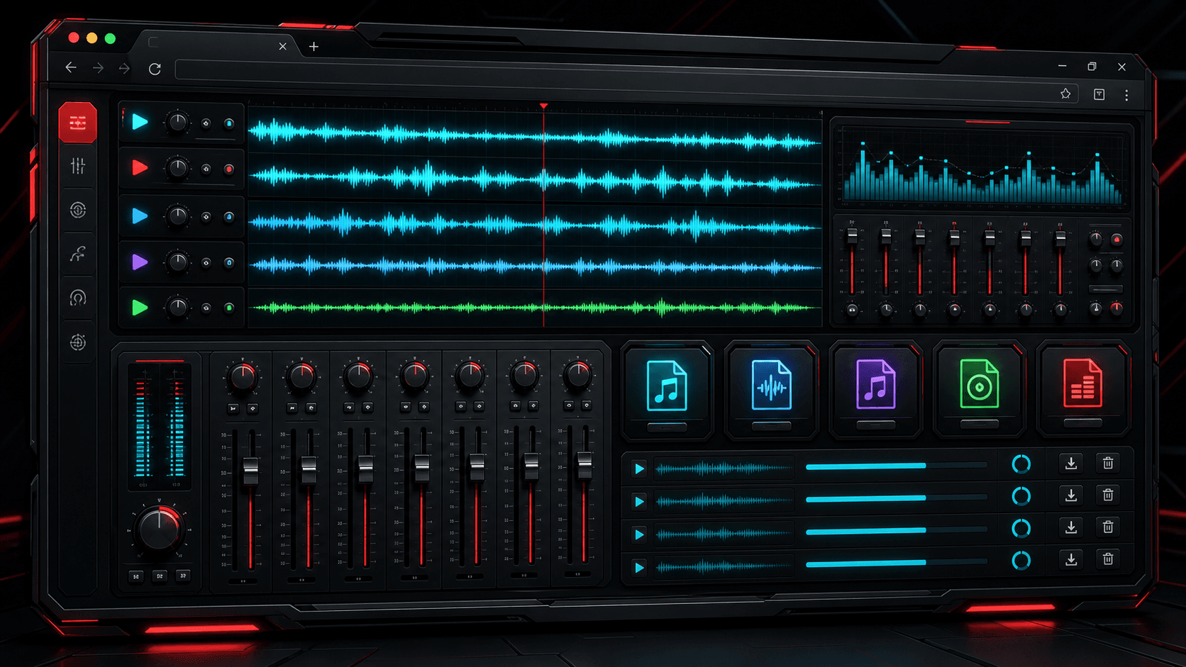 TheFramex audio converter workspace showing waveform lanes, equalizer controls, format output cards, and conversion progress.