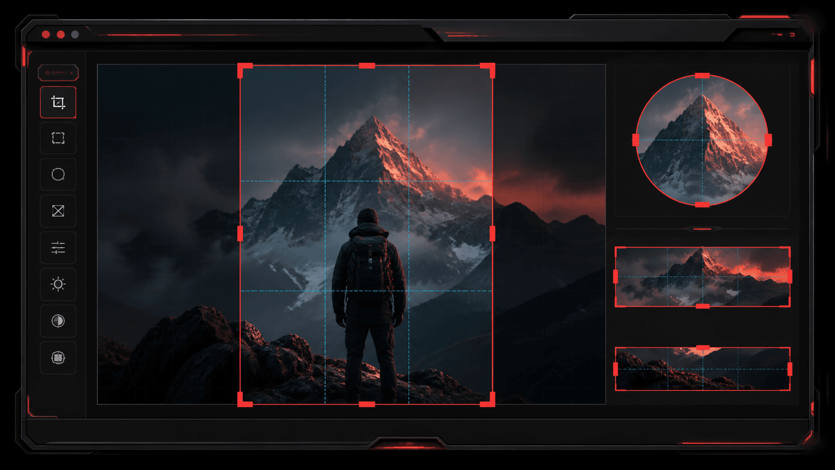TheFramex image cropping workspace showing a custom crop frame, circular avatar preview, and wide banner previews.
