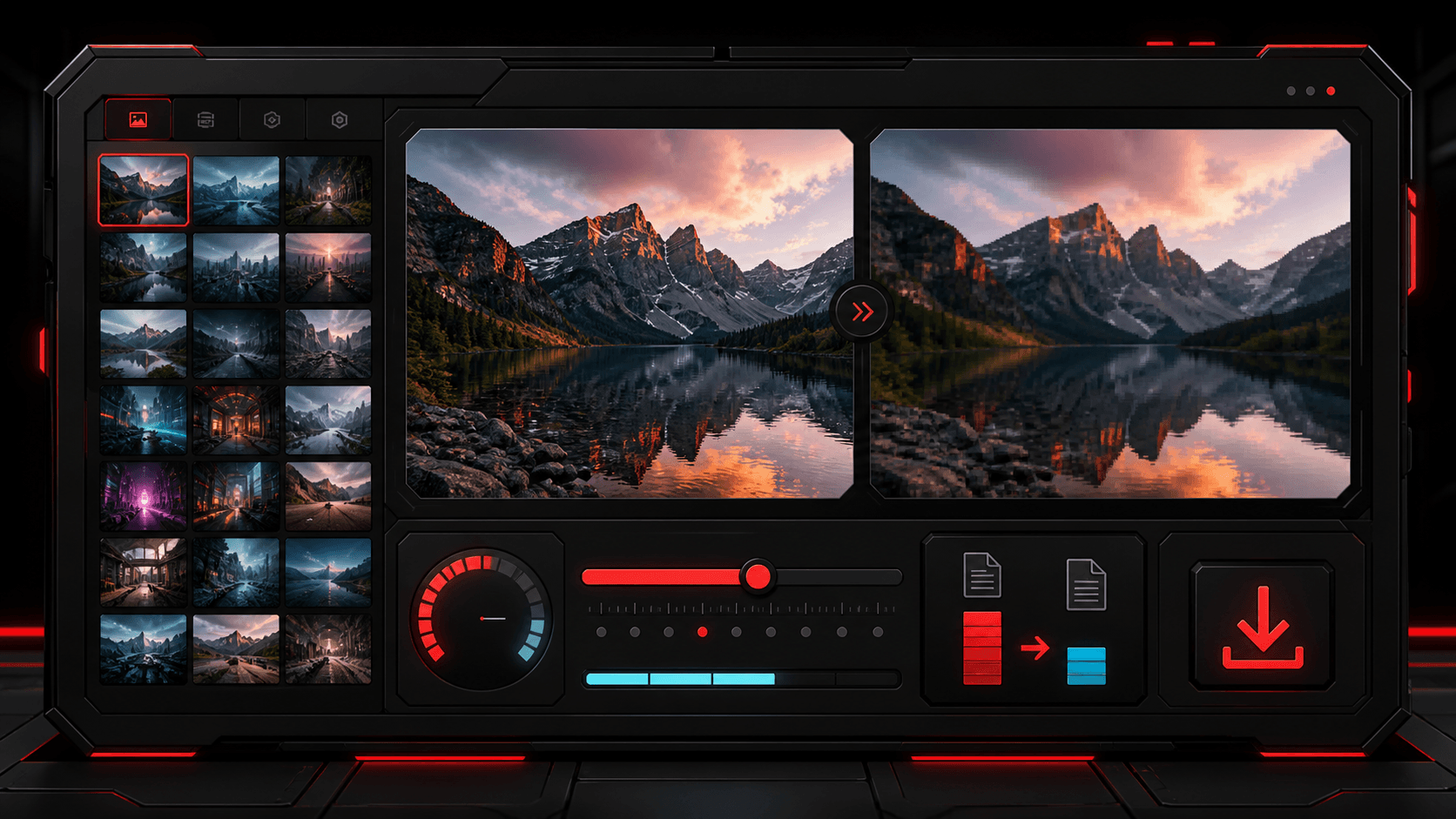 TheFramex image compression workspace showing before and after image previews, a quality slider, and download controls.