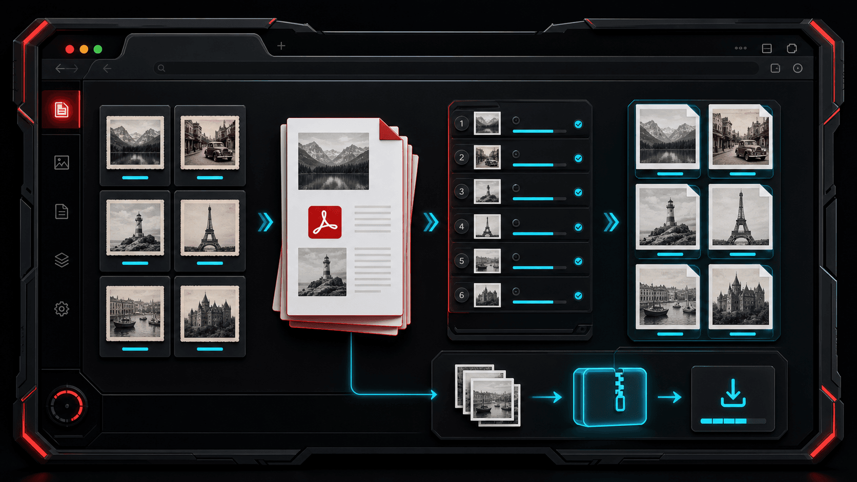 TheFramex PDF conversion workspace showing image cards becoming PDF pages and exported page images.