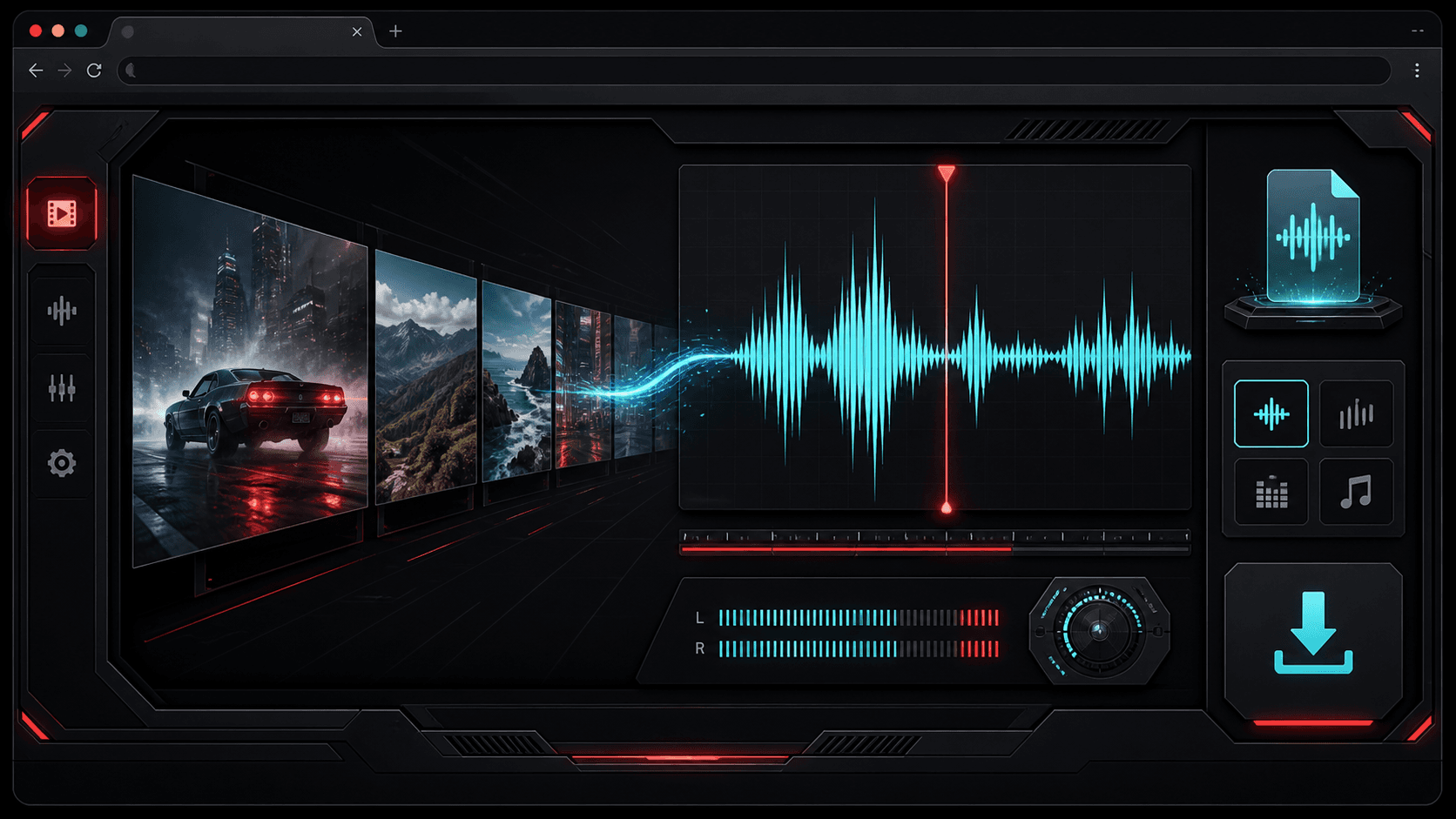 TheFramex video to audio workspace showing local video frames flowing into an audio waveform and download output.