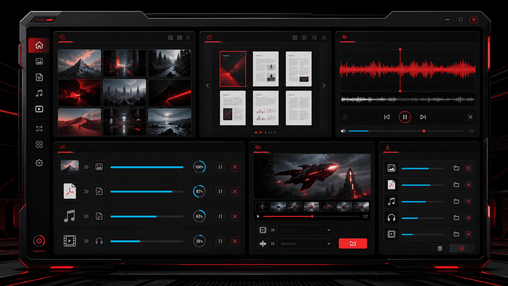 TheFramex browser media tools dashboard for photo editing, PDF conversion, audio conversion, and video to audio extraction.